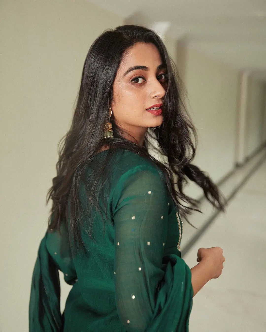 Namitha Pramod Wearing Beautiful Earring Designer Green Dress